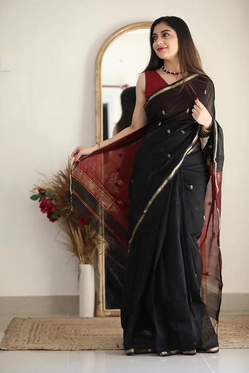 Banarasi Silk Saree with Zari Border and Unstitched Blouse Piece - Image 6